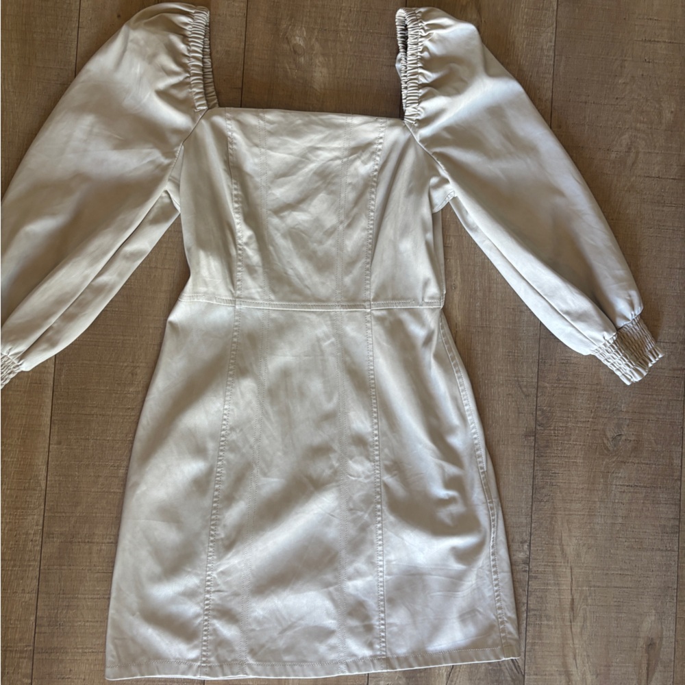 7 For All Mankind Cream Faux Leather Puff sleeve dress